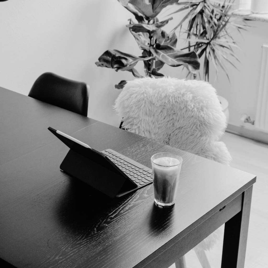 table and chair, with coffee, tablet, home office