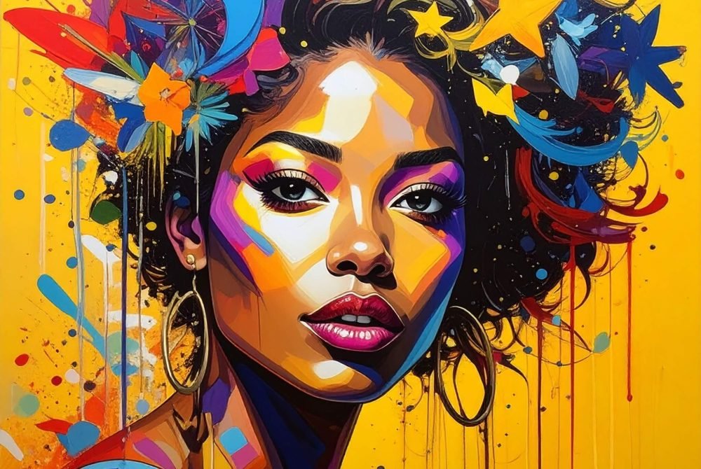 colorful painting of woman colorful painting of a black woman, yellow background.
